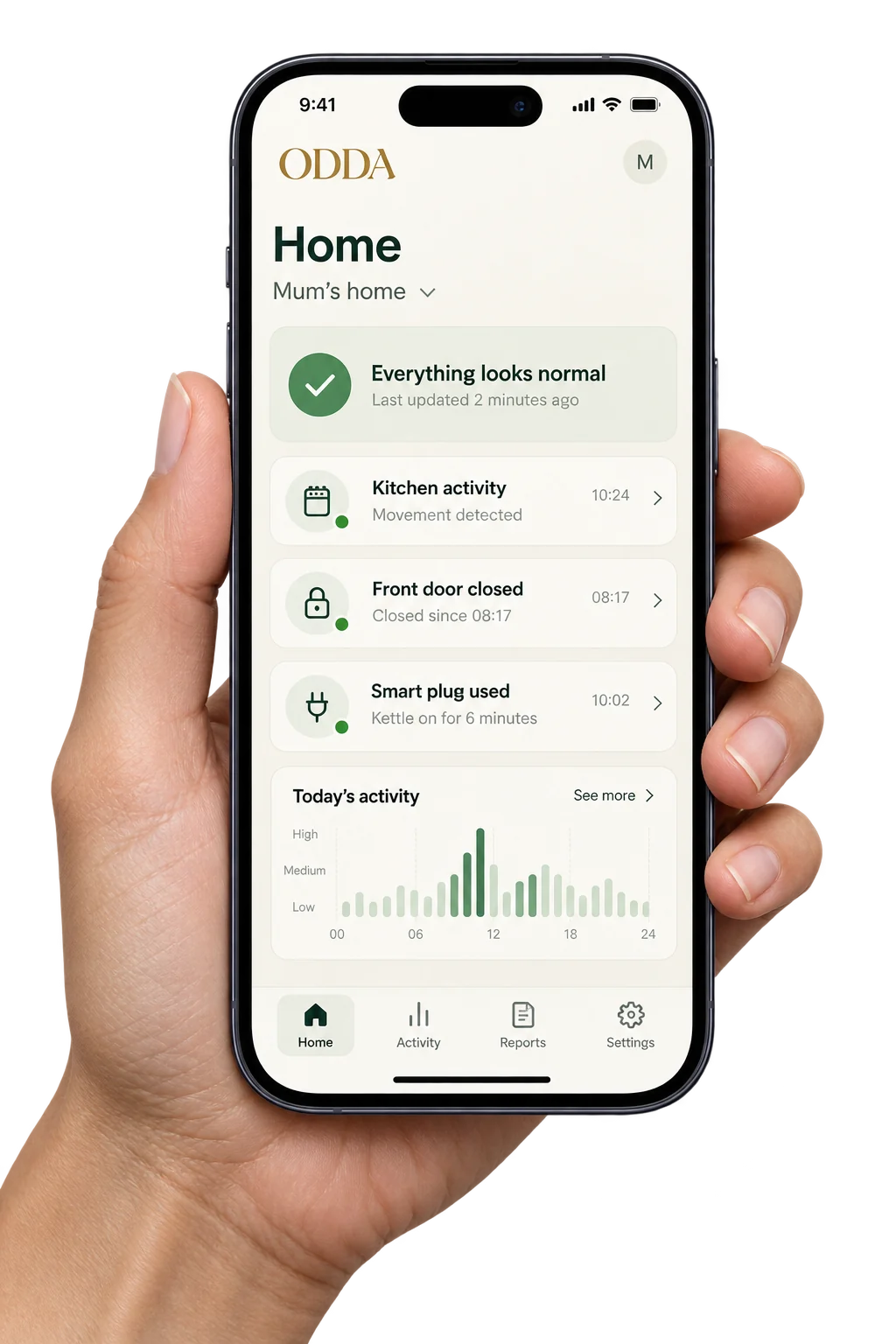A hand holding an iPhone displaying the Odda app with an iOS interface, live sensor status and daily activity